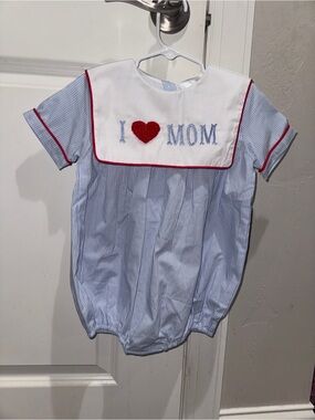 I ♥ Mom Blue Gingham Toddler Bubble Bib Romper Boys 3T NWOT